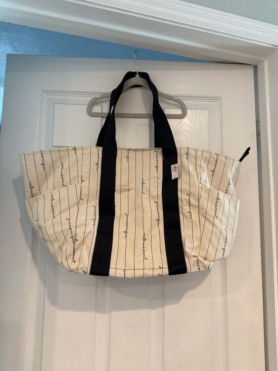 Victoria's Secret Handbags - Victoria's Secret Canvas Logo Script Striped Zip-Top XL Tote Bag NWT